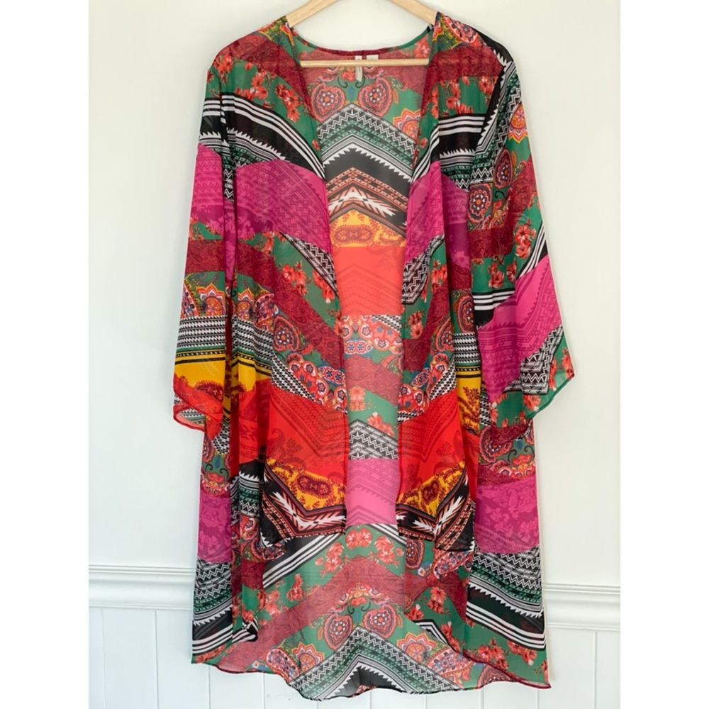 EST 1946 Long Open Front Colorful Kimono Size Large Boho Whimsical B85 - Picture 11 of 15
